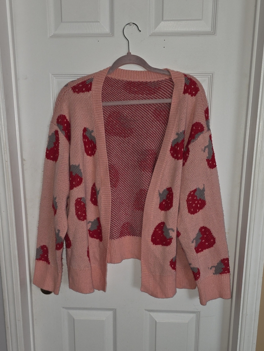 SHEIN Pink Strawberry Print Open-Front Cardigan